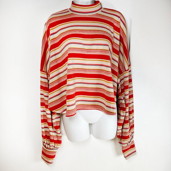 Free People Steph Crop Coral Red Multi Striped Long Sleeve Fleece L‎ Sweater - Picture 2 of 7
